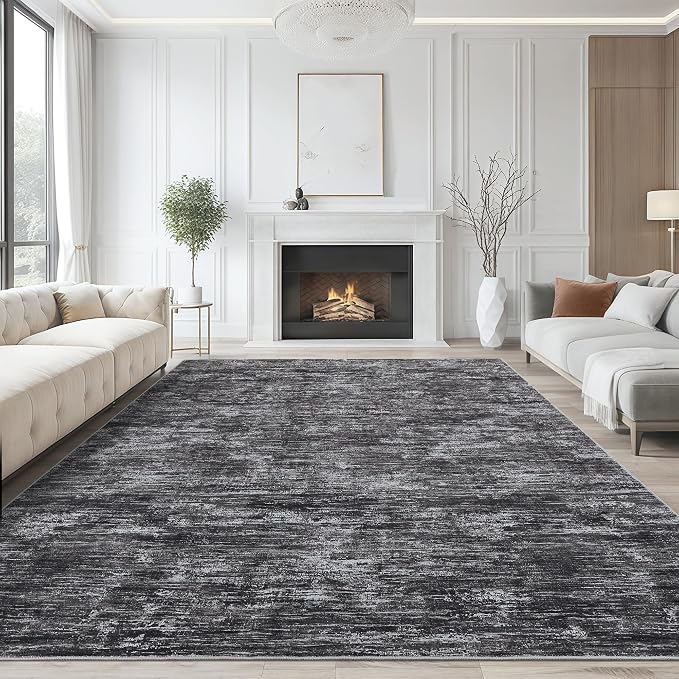 GarveeHome 8x10 Large Living Room Rug Machine Washable Area Rugs for Bedroom, Modern Solid Color Rugs with Rubber Backing, Stain Resistant Low Pile Neutral Mats for Bedroom, Dining Room, Dark Grey