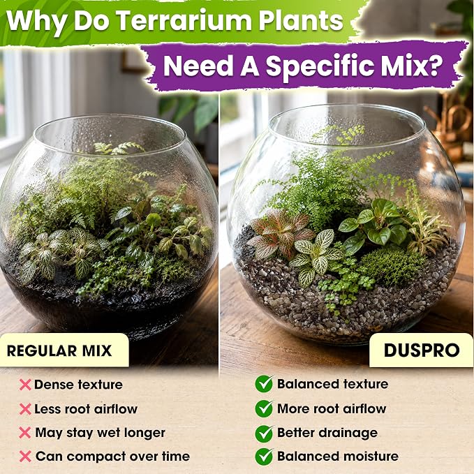 DUSPRO Premium 6in1 Terrarium Soil Mix – Pre-Mixed Terrarium Substrate Mix for Terrariums, Balanced Moisture Growing Medium with Coco Coir, Peat Moss, Pine Bark, Perlite, Pumice & Zeolite 4QRT