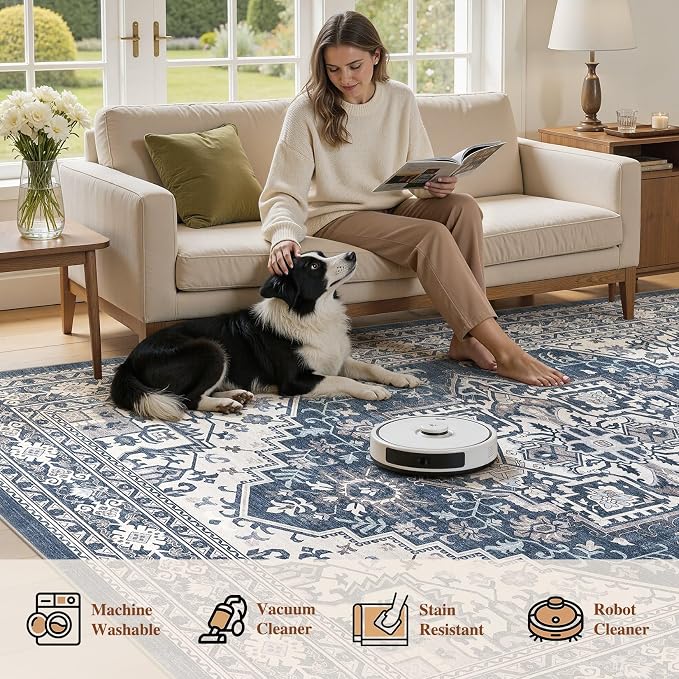 UERMEI 8x10 Area Rug for Living Room - Washable Vintage Carpet, Non-Slip Soft Large Indoor Floor Rugs for Bedroom Home Office & Under Dining Table Decor, Denim Blue/White
