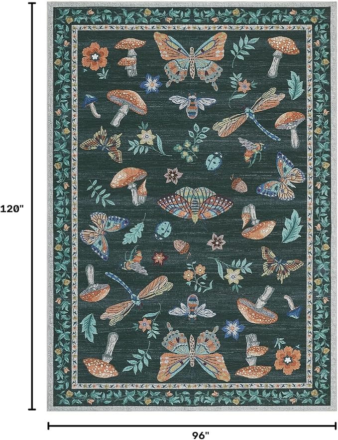 Mushroom 8 X 10 Rug for Living Room Non Slip Washable 8x10 Rug for Bedroom with Rubber Back Soft Low-Pile Stain Resistant Foldable Large Carpet for Office Nursery Dining Room Black