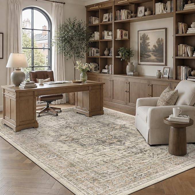 5x7 Area Rug for Living Room Soft Washable Vintage Area Rug | Non-Slip, Retro Print, Low Pile, Stain Resistant, Soft Washable Taupe Carpet, for Bedroom, Dining Room, Nursery, Home Office