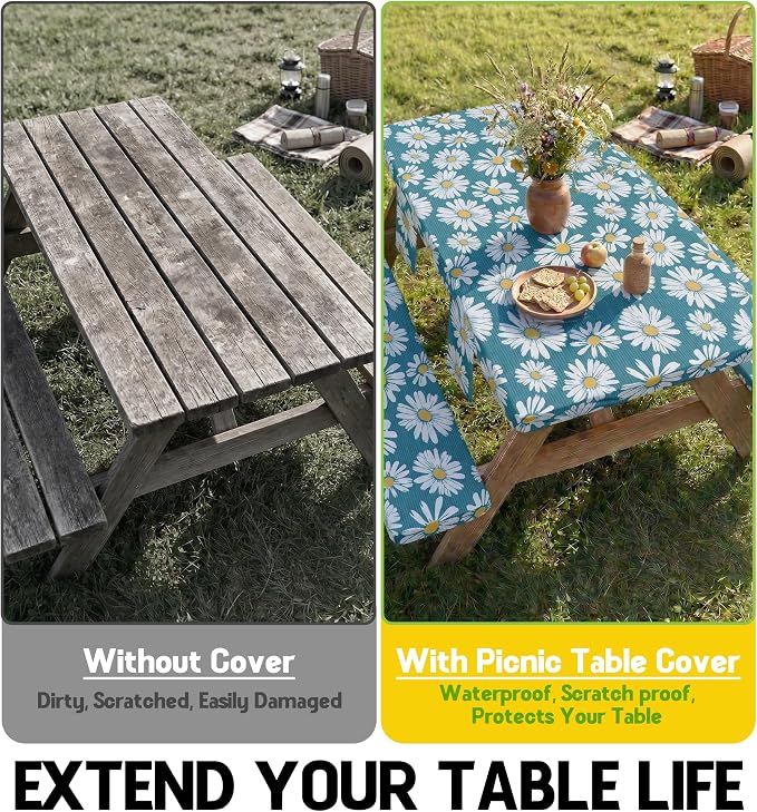 Picnic Table Cover with Bench Covers Tablecloth Glamping Essentials Travel Vacation Table Cloth Outdoor Cool Unique Fun Ideas Gifts for Camper Camping Lovers RV Owner Family Couple Women Female Mom