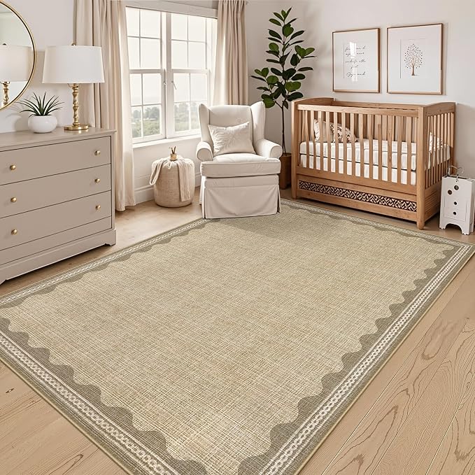 Garvee Scalloped Rug 5x7 Washable Living Room Rug Non Slip Modern Rugs Jute | Ultra Soft Non-Shedding Floor Cover Low Pile Stain-Resistant Bordered Print Throw Carpet for Bedroom Kids Room Dorm