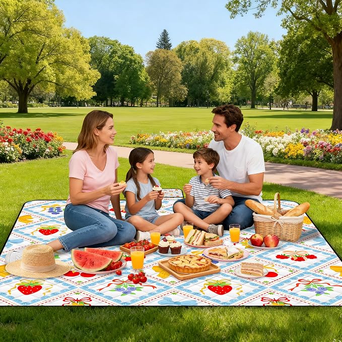 Extra Large Picnic Blanket Waterproof,80"x 80"Foldable Machine Washable Beach Blanket,Outdoor Blanket for 6-8 Adults,Suitable for Indoor Crawling,Park Beach,Camping,Hiking,Family Travel(Fruit)