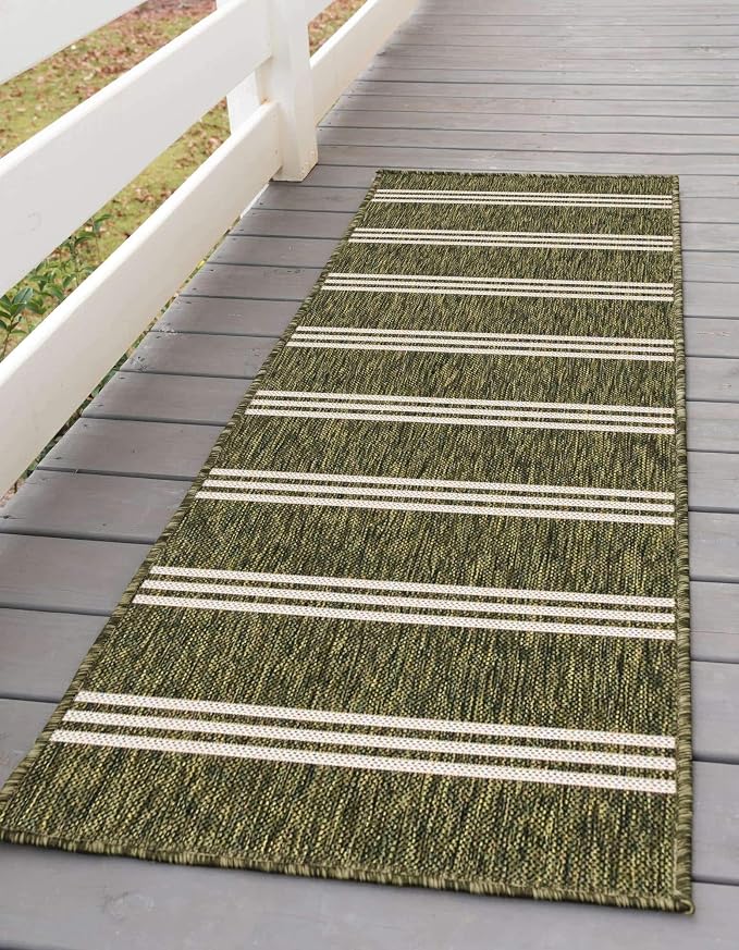 Unique Loom Outdoor Collection Area Rug - Anguilla (2' x 8' Runner, Green/ Ivory)