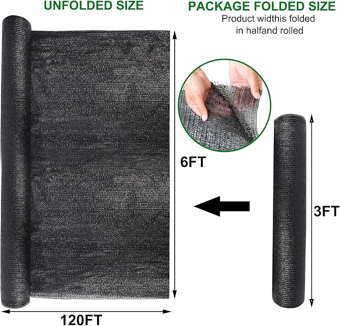 winemana 6x120 FT Outdoor Shade Cloth for Garden & Plants - 50% Large Black Mesh Tarp, UV Resistant Woven Shade Fabric for Greenhouse Farm Row Cover Vegetables Sun Protection Poultry Run