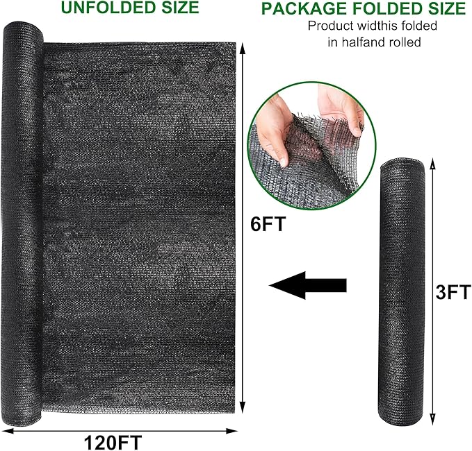winemana 120x6 FT Outdoor Shade Cloth for Garden & Plants - 90% Large Black Mesh Tarp, UV Resistant Woven Shade Fabric for Greenhouse Farm Row Cover Vegetables Sun Protection Poultry Run
