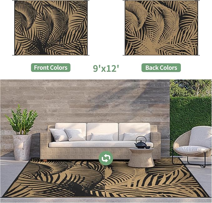 GENIMO Outdoor Rug 9' x 12' Waterproof for Patio Clearance, Reversible Plastic Straw Camping Carpet, Lightweight Mats for Rv, Backyard, Deck, Porch, Picnic, Beach, Balcony,Pitch Black & Brown