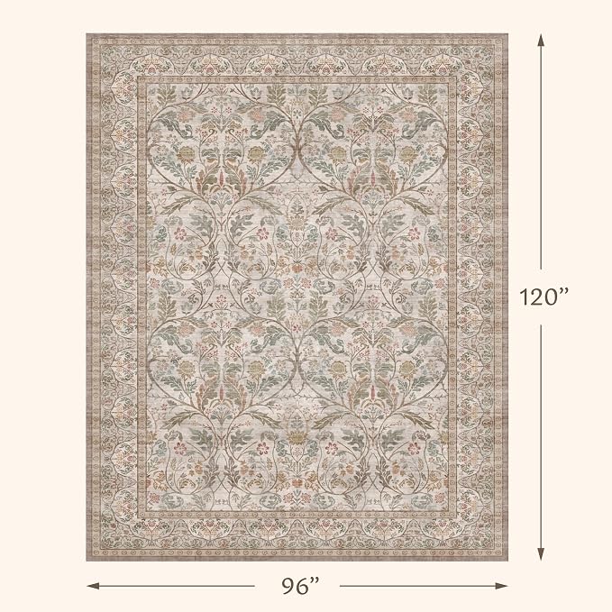 Vintage Moss Green Floral Living Room Area Rug 8x10, Washable Non Slip Neutral Taupe Rug for Bedroom, Low-Pile Large Stain Resistant Carpet for Dining Room
