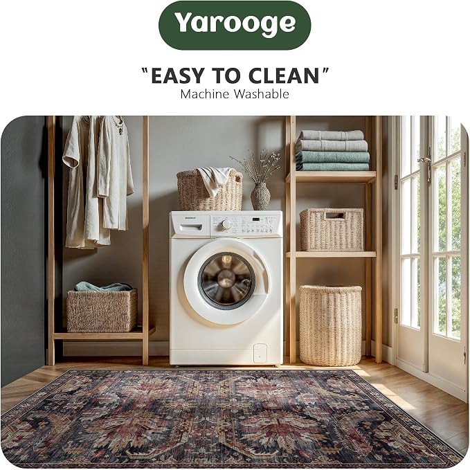 5x7 Area Rugs, Vintage Retro Soft Washable Rug, Non-Slip Low Pile Rugs for Living Room, Bedroom, Dining Room, Stain Resistant Home Decor Rug (Retro Red)