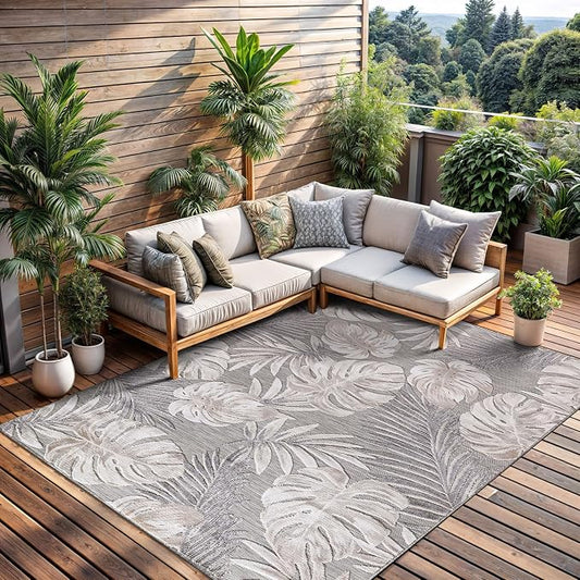 CAMILSON Indoor Outdoor Rug, Beige 5x7 Leaf Tropical Botanical Area Rugs for Indoor and Outdoor patios, Easy-Cleaning Non-Shedding Living Room, Garden and Kitchen Washable Outside Carpet (5 x 7)