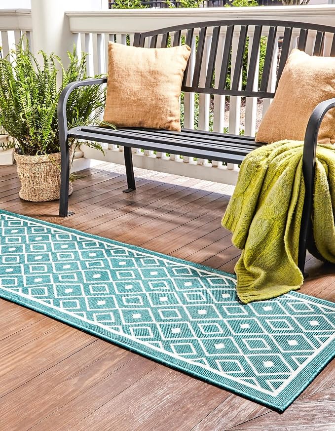 Unique Loom Outdoor Trellis Collection Area Rug - Kafes (2'x 8' Runner, Teal/ Ivory)