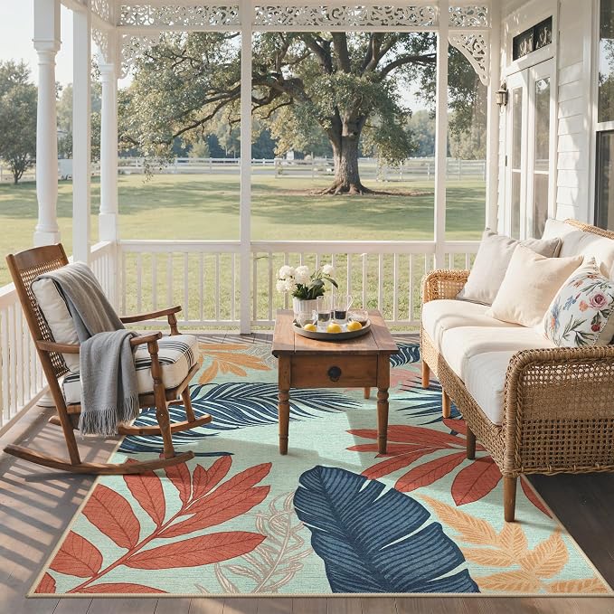 GENIMO Outdoor & Indoor Area Rug 8'x10', Waterproof, Non-Shedding, Easy Cleaning, Leaf Mat for Patio, Living Room, Balcony, Dining Room, RV, Deck, Bedroom, Camping, Outside Carpet, Blue Paint
