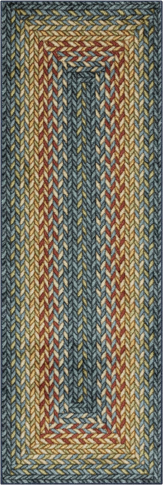 Maples Rugs Marion Bohemian Braided-Style Print Runner Rug – Made in USA – Washable, Non-Slip Indoor Runner for Hallway, Kitchen, and Laundry Room, 2' x 6', Multi-Color