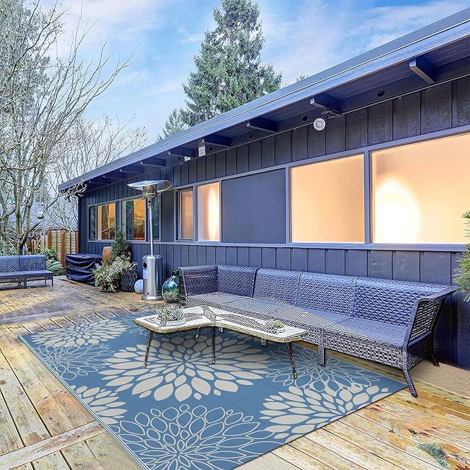Ileading Waterproof Outdoor Rug 5x8, Reversible Plastic Straw Patio Rug, Portable Indoor Outdoor RV Camping Mat Carpet for Deck, Porch, Balcony, Backyard, Picnic, Floral Dusty Blue