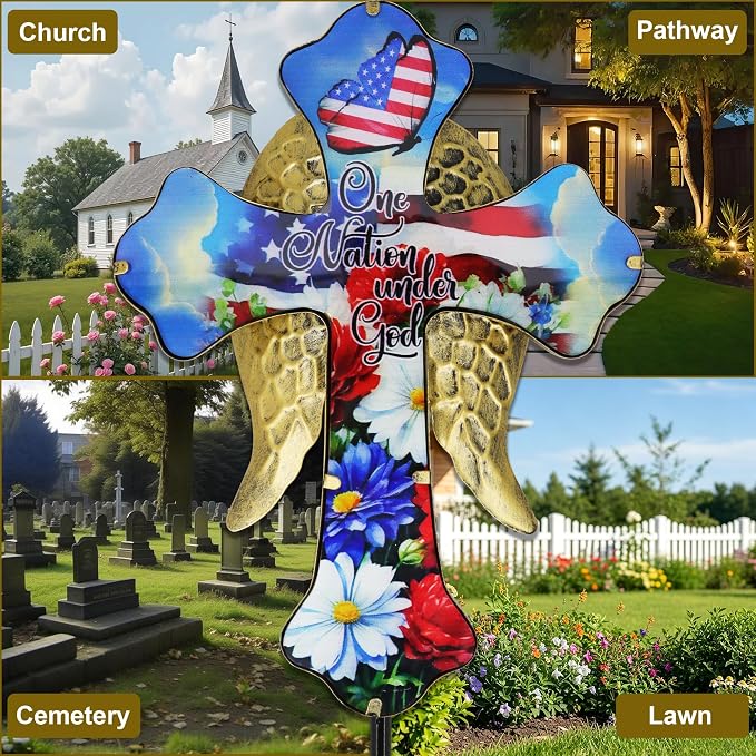 33.5" Independence Day Solar Cross Garden Stake – Angel Wing Memorial Light, IP65 Waterproof Cemetery Decor for Graves, Outdoor Yard Art for Fourth of July, Easter, Patio – Sympathy Gift