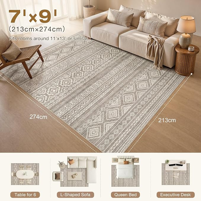 cotiled Boho 7x9 Area Rug for Living Room: Large Moroccan Washable Rug | Solve Modern Neutral Trendy Home Decor - Stain Resistan Indoor Carpet for Bedroom Farmhouse Dining Room Coffee Brown