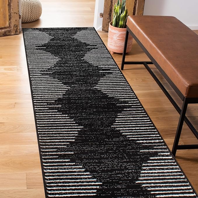 Rugshop Bohemian Stripe Stain Resistant Runner Rug Black 2'7" x 6' | High Traffic, Rectangular, Size 2'7" x 6', Living Room, Bedroom, Dining Room, Home Office, Kitchen, Entryway, Hallway