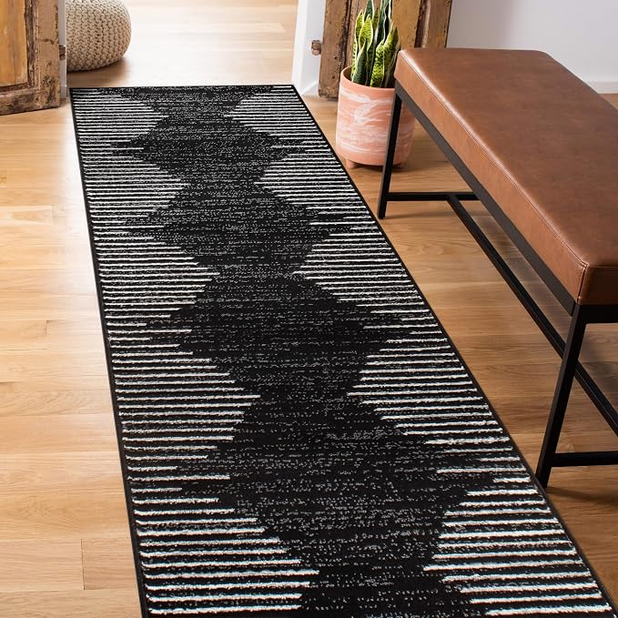 Rugshop Bohemian Stripe Stain Resistant Runner Rug Black 2' x 10' | High Traffic, Rectangular, Size 2' x 10', Living Room, Bedroom, Dining Room, Home Office, Kitchen, Entryway, Hallway, Nursery