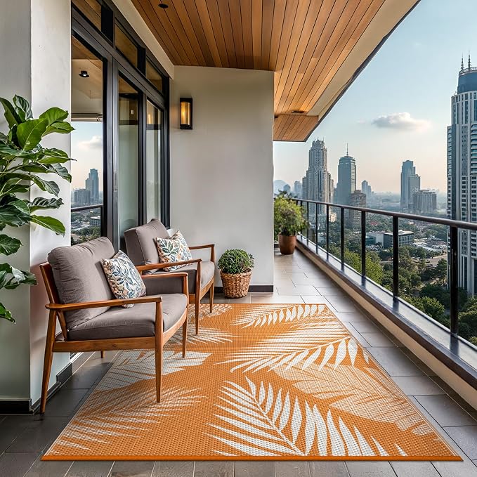 GENIMO Outdoor Rug 6' x 9' Waterproof for Patios Clearance, Reversible Outdoor Plastic Straw Camping Rug Carpet, Large Area Rugs Mats for RV, Camper, Deck, Balcony, Porch, Beach, Picnic, Orange&White