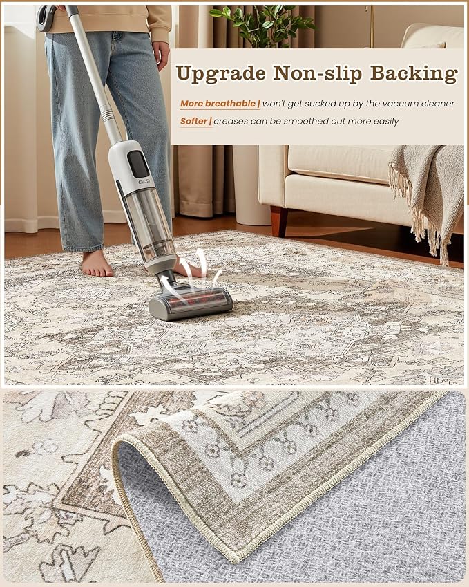 Washable Area Rug-5X8 Vintage Neutral Soft Brown | Non Slip Thin Foldable Large Floor Carpet for Living Room Bedroom Kitchen Dining Room Home Office Farmhouse Indoor