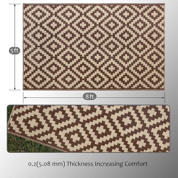 SAND MINE Reversible Mats, Plastic Straw Rug, Modern Area Rug, Large Floor Mat and Rug for Outdoors, RV, Patio, Backyard, Deck, Picnic, Beach, Trailer, Camping (5' x 8', Brown & Beige)