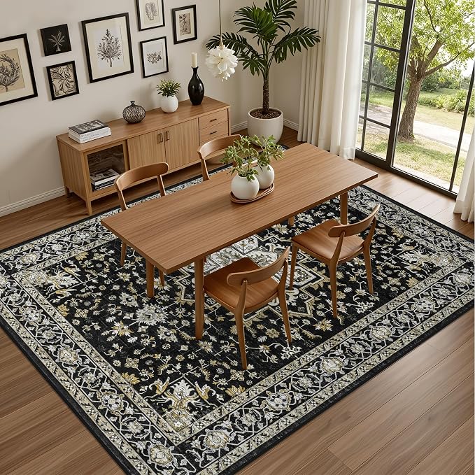 9x12 Area Rugs Living Room: Washable Rug for Bedroom Black Gold | Vintage No Slip Stain Resistant Rug Soft Indoor Decor Floor Floral Area Rugs for Dining Room, Nursery, Hallway, Home Office