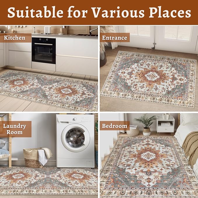 Tangsoo 2.6x8 Washable Runner Rugs for Hallway, Non Slip Vintage Turmeric | Farmhouse Soft Low Pile Long Runner, Boho Oriental Carpet Hallway Runners for Kitchen Bedroom Entryway Living Room Home Decor