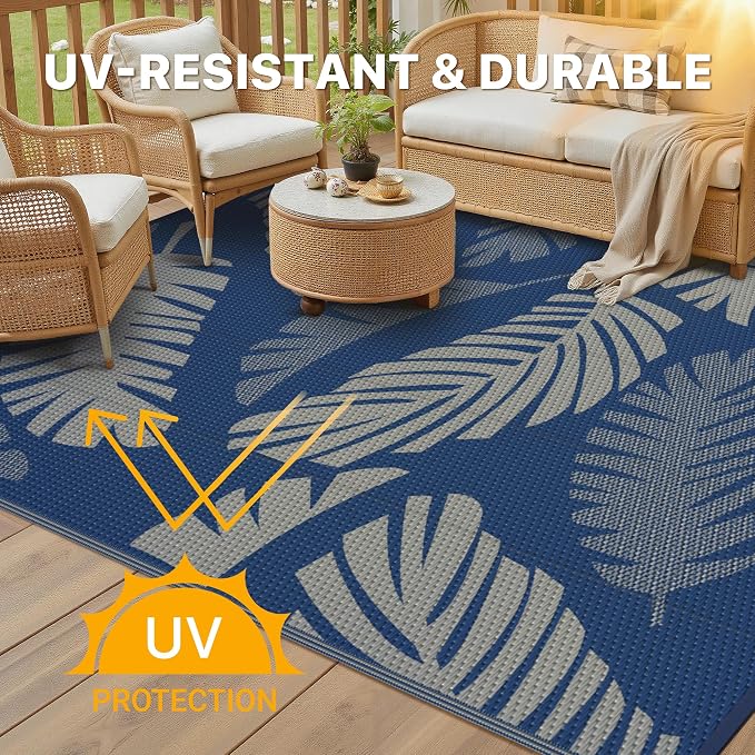 GENIMO Waterproof Outdoor Rug 6' x 9' for Patio Decor, Reversible Plastic Straw Area Rugs for Camping Clearance, RV Mat, Large Outside Carpet for Porch, Deck, Picni, Balcony, Garden, Navy Blue & Grey