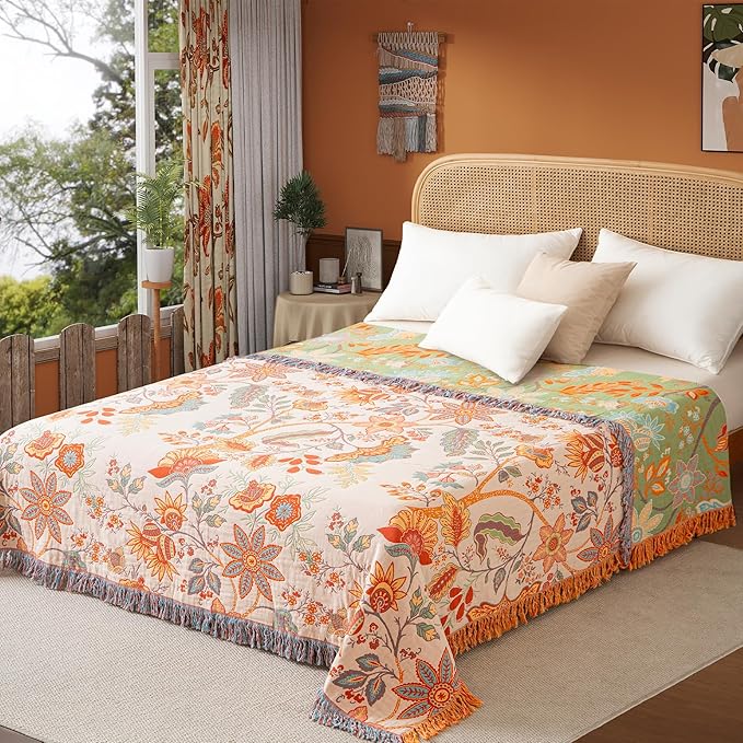 Phuryllic Boho Throw Blanket Full Size, Soft Cozy Cotton Muslin Quilt Blanket for Bed Decor, Floral Patterned Couch Sofa Chair Cover, Vintage Farmhouse Cottage Tapestry Woven Blanket, Coral&Green