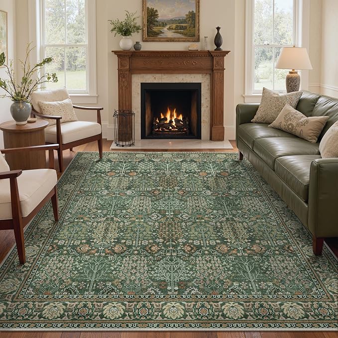2x10 Kitchen Runner Rug, Washable Non Slip, Forest Green | Vintage Floral Design, Spill Resistant Lightweight Low Pile Carpet for Hallway, Bedroom, Laundry Room, Bathroom