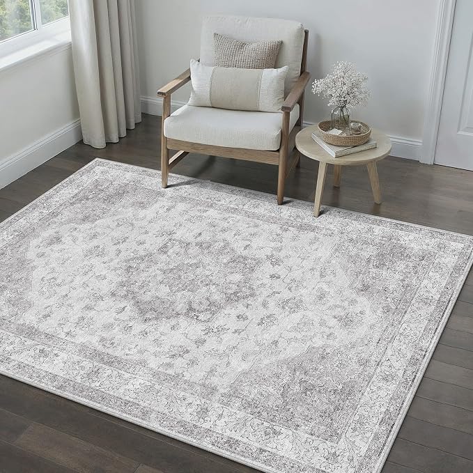 Grey 3x4 Washable Area Rug Entryway Vintage Oriental Doormat | Soft Low Pile, Non Slip, Stain Resistant, Floral Medallion, Neutral Retro Decor for Kitchen, Bathroom, Bedroom, Office