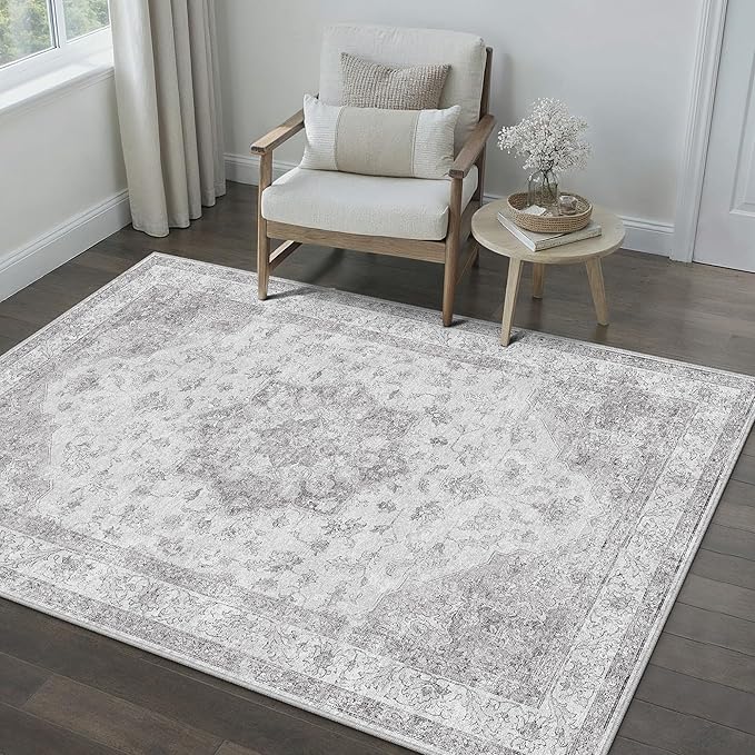 Grey 4x5 Washable Area Rug Living Room Vintage Oriental Carpet | Soft Low Pile, Non Slip, Stain Resistant, Floral Medallion, Neutral Retro Decor for Bedroom, Kids Room, Nursery, Office