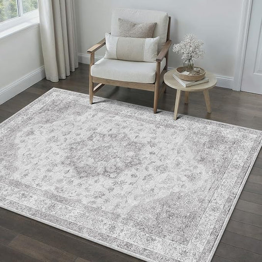 Grey 4x6 Washable Area Rug Living Room Vintage Oriental Carpet | Soft Low Pile, Non Slip, Stain Resistant, Floral Medallion, Neutral Retro Decor for Bedroom, Kids Room, Nursery, Office