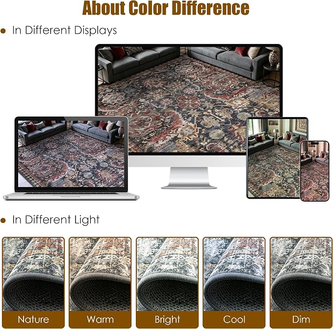 Washable Area Rugs - Perfect for Living Room, Bedroom, Kids Room, Nursery - Stain & Water Resistant Non-Slip, Pet & Child Friendly, Vintage Tribal Area Rugs (Rust, 8' x 10')