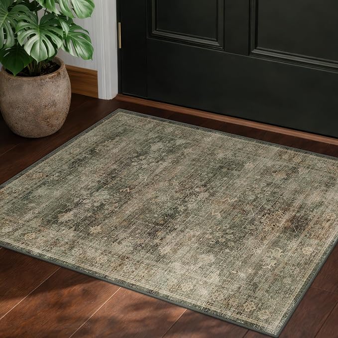Washable 2x3 Entry Rug for Entryway, Bathroom & Kitchen, Moss Green Low Pile Non-Slip Front Door Mat, Vintage Cottagecore Distressed Geometric Accent Rug, Stain Resistant, Easy to Clean