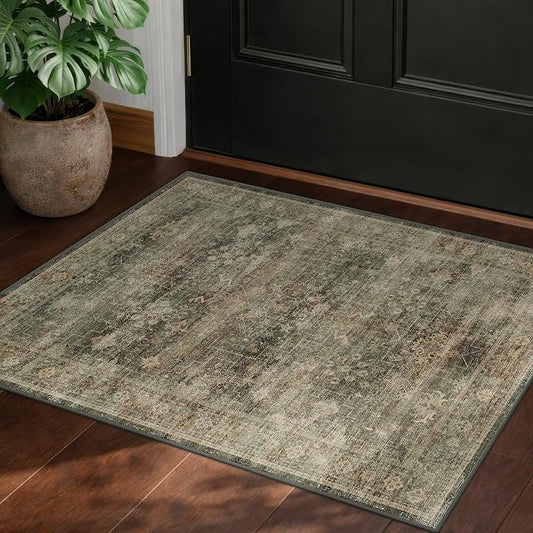 Washable 2x3 Entry Rug for Entryway, Bathroom & Kitchen, Moss Green Low Pile Non-Slip Front Door Mat, Vintage Cottagecore Distressed Geometric Accent Rug, Stain Resistant, Easy to Clean