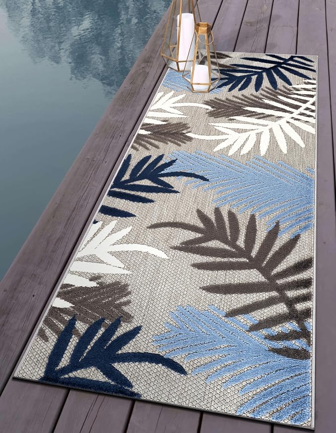 Rugshop Blue Palm Frond Indoor/Outdoor Runner Rug Easy Cleaning for Hallway, Kitchen and Entryway, 2'7" x 6'