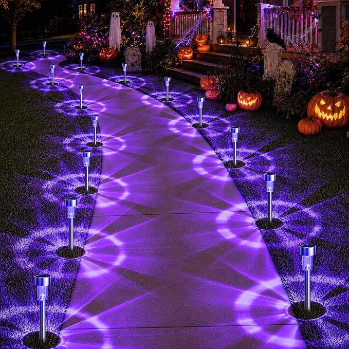 GIGALUMI Purple Solar Pathway Lights, 12-Pack Outdoor Halloween Decor | Waterproof LED stainless stakes for yard, garden, driveway, walkway. Purple glow creates spooky atmosphere.