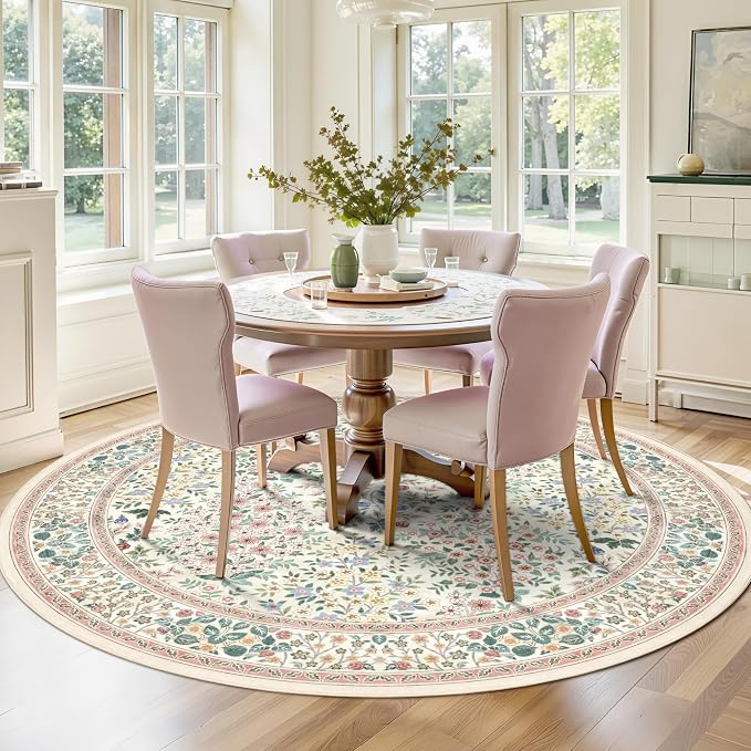 6FT Round Area Rugs, Machine Washable Low Pile Floral Rugs for Living Room, Bedroom, Large Boho Area Rug with Non-Slip Backing for Dining Room(Pink Floral)