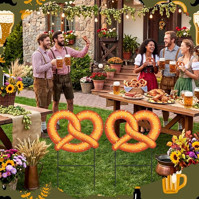 Amyhill 2 Pcs Oktoberfest Pretzel Yard Sign Stakes, 25 Inch Metal Beer Festival Outdoor Decor, German Bavarian Party Yard Signs, Oktoberfest Themed Patio Lawn Walkway Decorative Garden Stakes