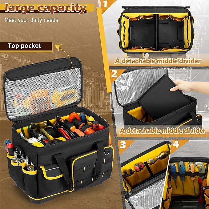 Marscamd 16-inch Tool Bag with Hard Bottom and a Detachable Divider, Heavy Duty Tool Tote with Multiple Pockets, Black