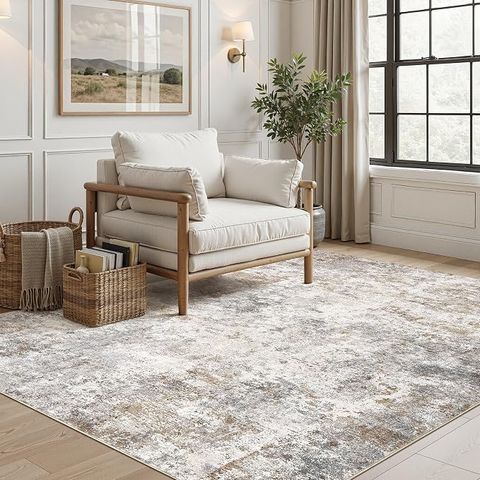 UERMEI 5x7 Area Rug Living Room Rugs Washable Neutral Brown Grey Carpet | Modern Abstract Non-Slip Soft Low Pile Floor Rugs for Bedroom Dining Room Home Office Indoor Decor