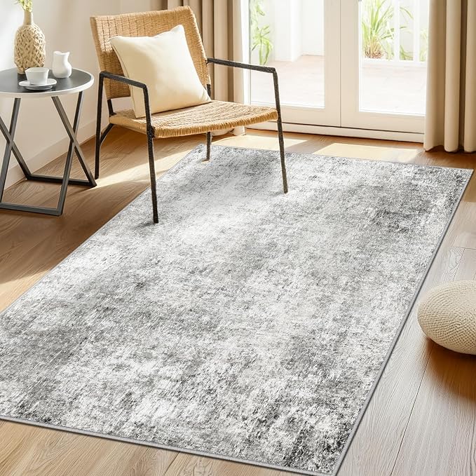 RELEANY Washable 3'x5' Abstract Area Rug for Living Room Gray White | Carpet for Bedroom, Kitchen, Office, Hallway and Entryway, Printed Pattern, Non‑Slip, Soft, Stain‑Resistant, Easy to Clean
