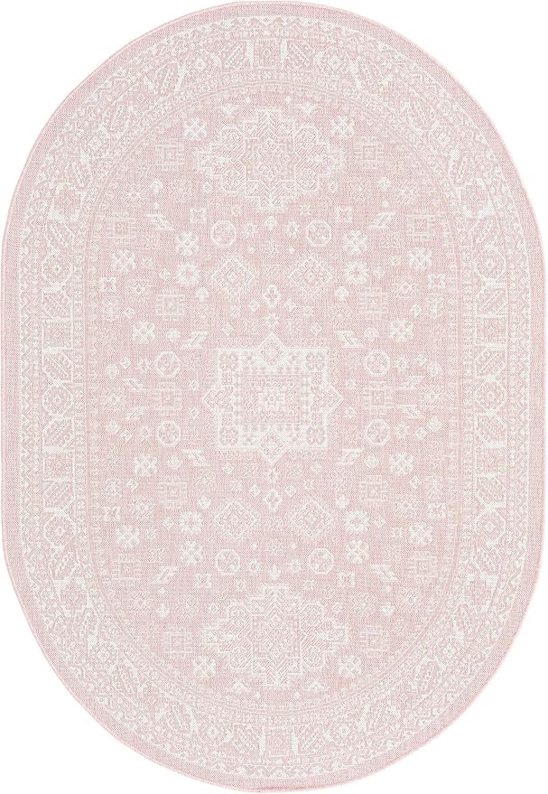 Unique Loom Outdoor Aztec Collection Area Rug - Chalca (5' 3" x 8' Oval, Pink/ Ivory)