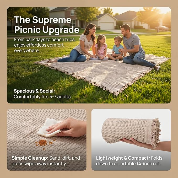 70"x 70" Picnic Blanket Extra Large,Layer Outdoor Blanket for 5 to 7 Adults,Camping Grass Lawn Park Accessories Cute Couple Gifts Ideas Wedding Registry for Park, Beach (Khaki)