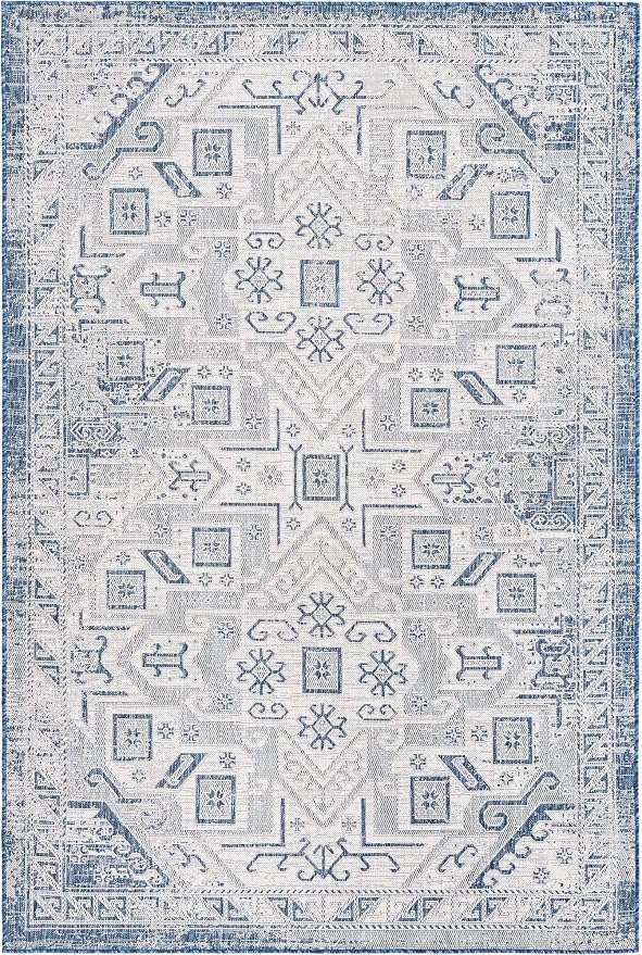 Unique Loom Outdoor Aztec Collection Area Rug - Coba (6' 1" x 9' Rectangle, Blue/ Ivory)