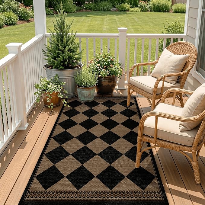 Easy Jute Indoor Outdoor Rug 3x5, Brown Black Checkered Patio Front Porch Rug Decor, Diamond Laundry Room Floor Mats, Boho Border Washable Non Slip Mat for Entryway, Kitchen, Backyard, Farmhouse Style
