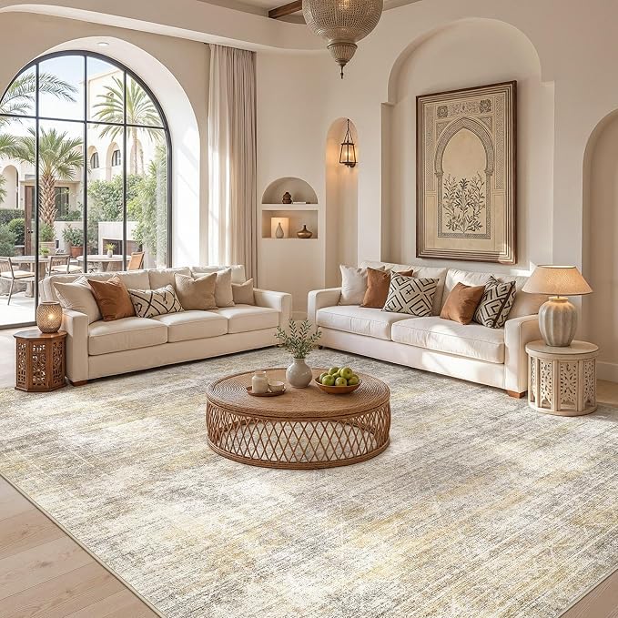 cotiled Boho 10x14 Area Rug for Living Room: Large Moroccan Washable Rug | Solve Modern Neutral Trendy Home Decor - Stain Resistan Carpet for Bedroom Farmhouse Gold Brown