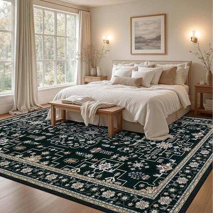 9x12 Area Rugs Living Room: Washable Vintage Rug for Bedroom Black | Vintage No Slip Stain Resistant Rug Soft Indoor Decor Floor Floral Area Rugs for Dining Room, Nursery, Hallway, Home Office